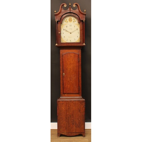 2113 - A 19th century oak and mahogany longcase clock, 28cm arched painted dial inscribed R. Holt, Newark, ... 