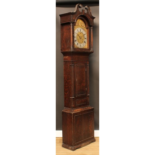 2115 - A 19th century oak longcase clock, 33.5cm arched brass dial, silvered chapter ring, Roman and subsid... 