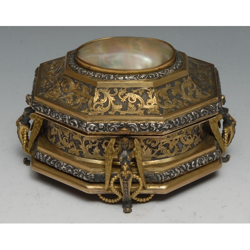 1258 - A 19th century French silvered and gilt brass lozenge shaped casket, in the Renaissance Revival tast... 