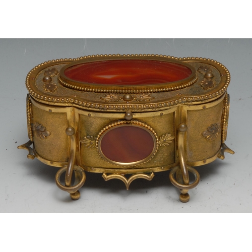 1264 - A French agate mounted gilt brass lobed oval casket, hinged cover, beaded borders, ball feet, 14cm w... 