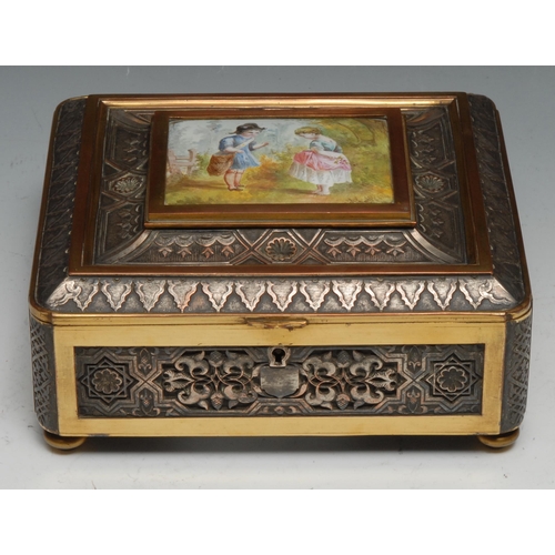 1253 - A 19th century French enamel mounted silvered and parcel-gilt electrotype casket, hinged cover appli... 