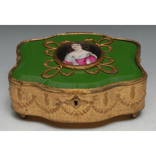 1276 - A French porcelain and jade glass mounted gilt metal shaped serpentine casket, hinged cover applied ... 