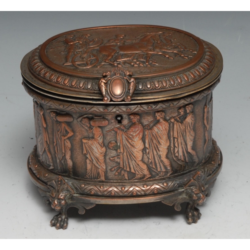 1252 - A 19th century French electrotype oval casket, the side and hinged cover with bas reliefs after the ... 