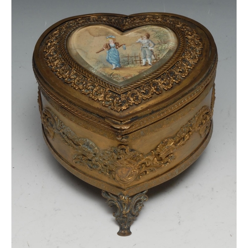 1270 - A French gilt metal heart shaped casket, hinged cover set with a miniature gouache on silk, depictin... 