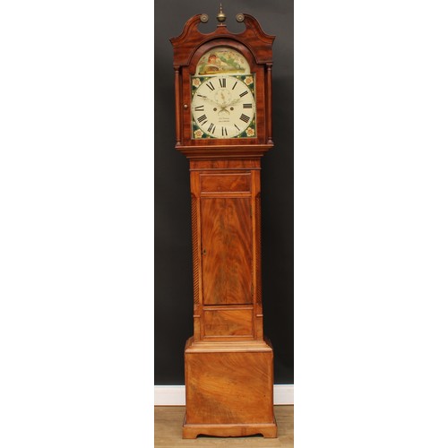 2120 - A George III Irish mahogany longcase clock, 33cm arched painted dial inscribed Robt.Young, Ballymena... 