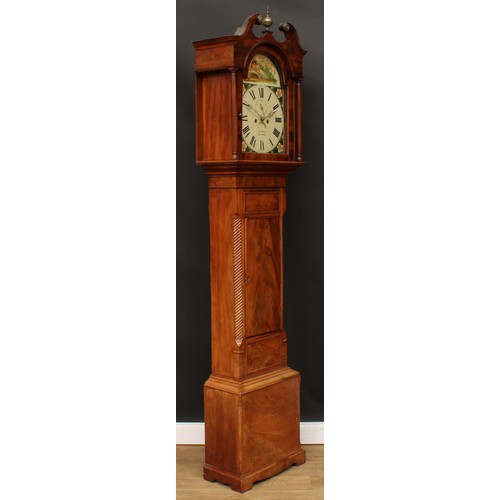 2120 - A George III Irish mahogany longcase clock, 33cm arched painted dial inscribed Robt.Young, Ballymena... 