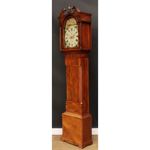 2120 - A George III Irish mahogany longcase clock, 33cm arched painted dial inscribed Robt.Young, Ballymena... 