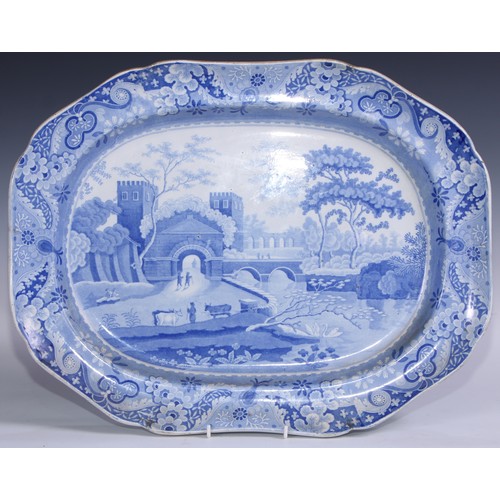 527 - A Spode transfer printed shaped rectangular meat plate, in blue and white with the Castle pattern, 5... 