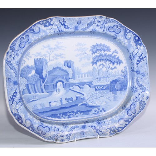 527 - A Spode transfer printed shaped rectangular meat plate, in blue and white with the Castle pattern, 5... 