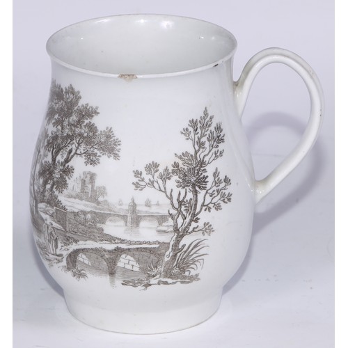 654 - A Worcester bell shaped mug, printed in monochrome after Robert Hancock with figures in an Italianat... 