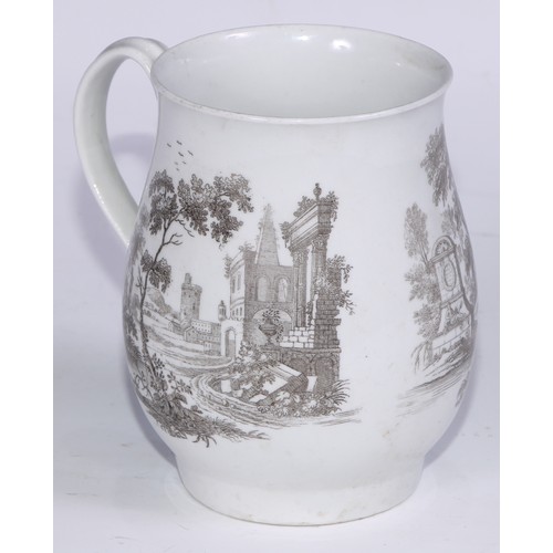 654 - A Worcester bell shaped mug, printed in monochrome after Robert Hancock with figures in an Italianat... 