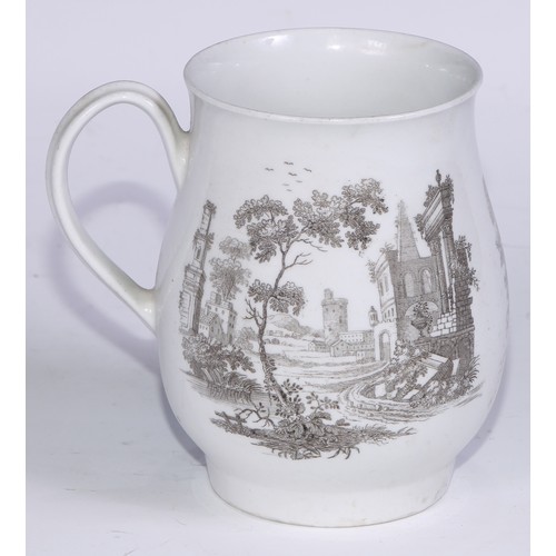 654 - A Worcester bell shaped mug, printed in monochrome after Robert Hancock with figures in an Italianat... 