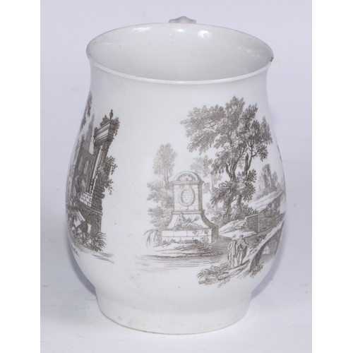 654 - A Worcester bell shaped mug, printed in monochrome after Robert Hancock with figures in an Italianat... 