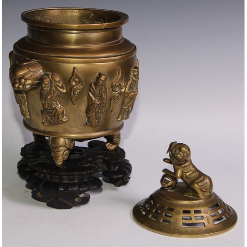 906 - A Chinese bronze censer and cover, temple lion finial, the side cast and applied with allegorical fi... 