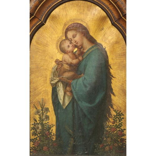 1141 - B Budde (19th century)
Pre-Raphaelite Madonna and Child
signed, oil on canvas, arched, 48cm x 29.5cm... 