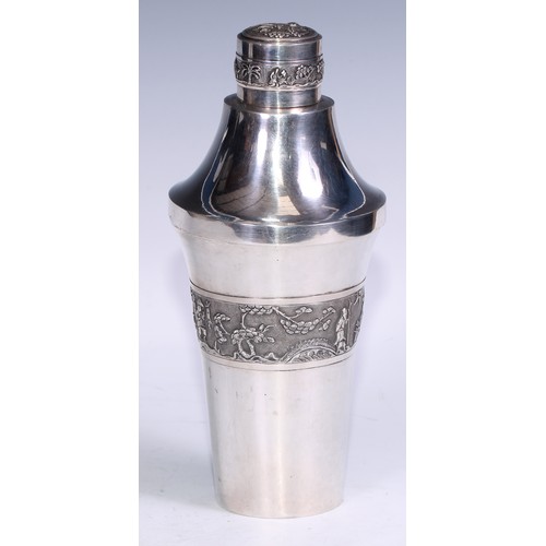 89 - A Chinese silver cocktail shaker, chased with bands of figures, pagodas and blossoming prunus in lan... 