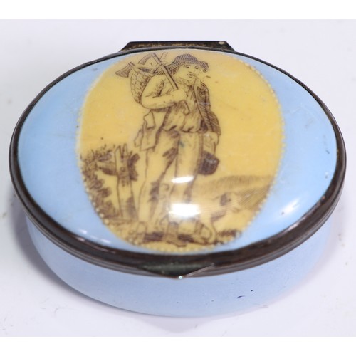 1278 - A George III South Staffordshire enamel oval patch box, hinged cover decorated in monochrome with an... 