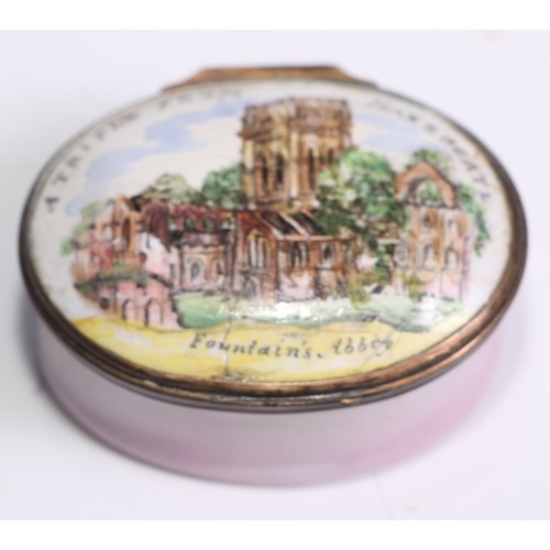 1279 - A George III South Staffordshire enamel oval patch box, hinged cover painted with a named view of Fo... 