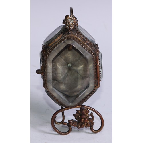 1256 - A 19th century French gilt metal vitrine pocket watch stand, bevelled glass panels, deep-buttoned si... 