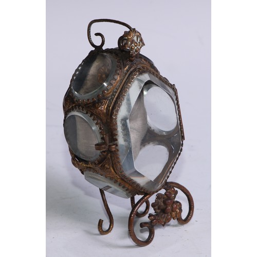 1256 - A 19th century French gilt metal vitrine pocket watch stand, bevelled glass panels, deep-buttoned si... 