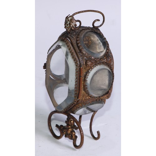 1256 - A 19th century French gilt metal vitrine pocket watch stand, bevelled glass panels, deep-buttoned si... 