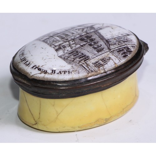 1277 - A George III South Staffordshire enamel oval patch box, A Trifle from Bath, hinged cover printed in ... 