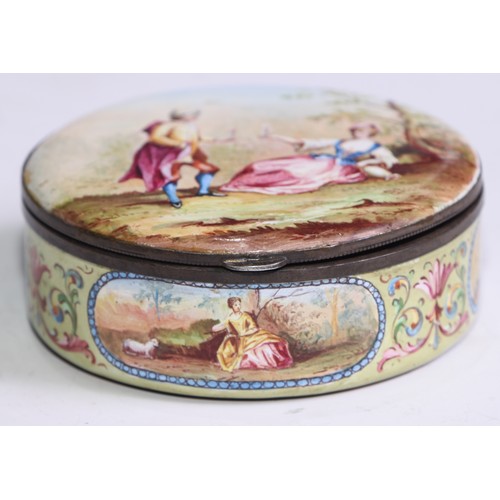 1284 - An Austrian enamel circular table snuff box, painted with a courting couple in a pastoral idyllic la... 