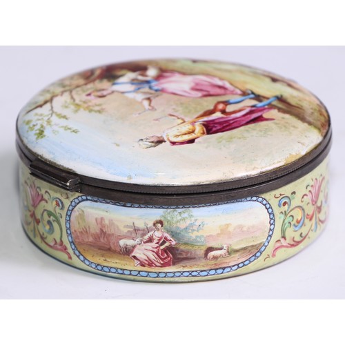 1284 - An Austrian enamel circular table snuff box, painted with a courting couple in a pastoral idyllic la... 