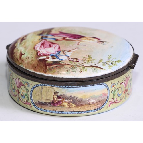 1284 - An Austrian enamel circular table snuff box, painted with a courting couple in a pastoral idyllic la... 