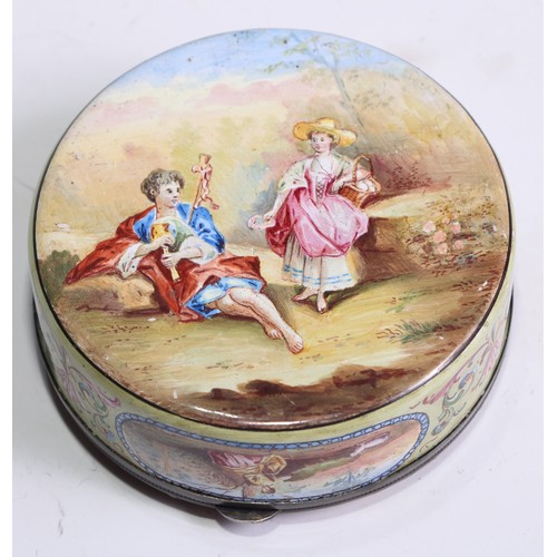 1284 - An Austrian enamel circular table snuff box, painted with a courting couple in a pastoral idyllic la... 