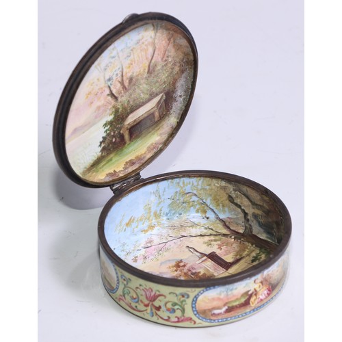 1284 - An Austrian enamel circular table snuff box, painted with a courting couple in a pastoral idyllic la... 