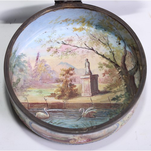 1284 - An Austrian enamel circular table snuff box, painted with a courting couple in a pastoral idyllic la... 