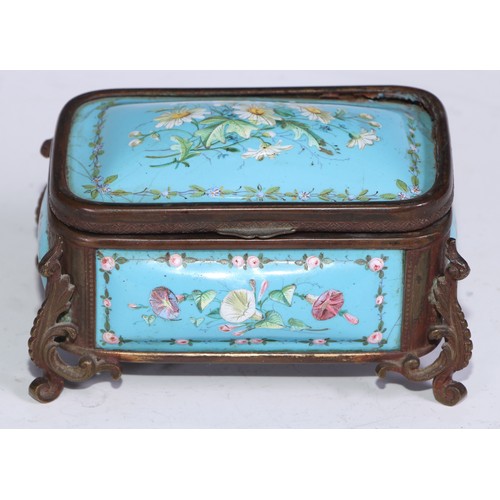 1254 - A 19th century French enamel rounded rectangular casket, decorated with flowers on a pale blue groun... 