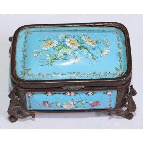 1254 - A 19th century French enamel rounded rectangular casket, decorated with flowers on a pale blue groun... 