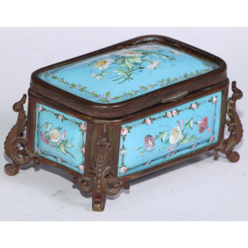 1254 - A 19th century French enamel rounded rectangular casket, decorated with flowers on a pale blue groun... 