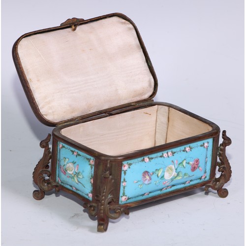 1254 - A 19th century French enamel rounded rectangular casket, decorated with flowers on a pale blue groun... 