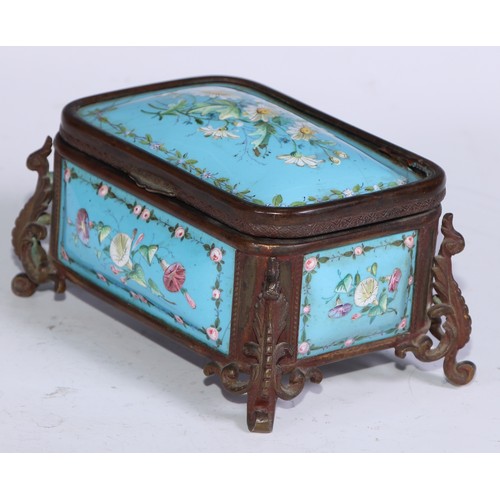 1254 - A 19th century French enamel rounded rectangular casket, decorated with flowers on a pale blue groun... 