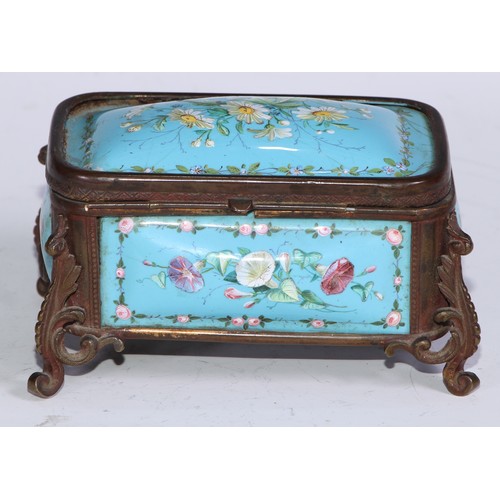 1254 - A 19th century French enamel rounded rectangular casket, decorated with flowers on a pale blue groun... 