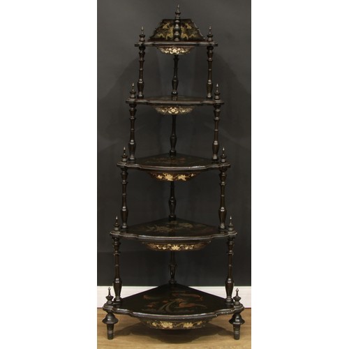 1655 - A late 19th century five-tier corner whatnot, in the 18th century Chinese export black lacquer taste... 