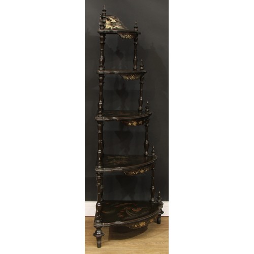 1655 - A late 19th century five-tier corner whatnot, in the 18th century Chinese export black lacquer taste... 