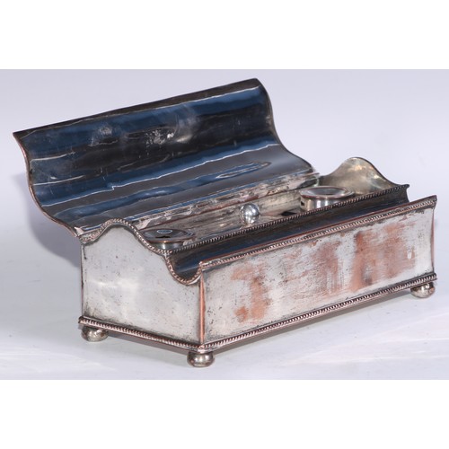 24 - A George III Old Sheffield Plate treasury inkstand, hinged serpentine cover with Neo-Classical urn f... 