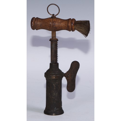 1295 - A 19th century patent rack and pinion corkscrew, the brass barrel with steel butterfly key, turned b... 