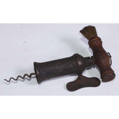 1295 - A 19th century patent rack and pinion corkscrew, the brass barrel with steel butterfly key, turned b... 