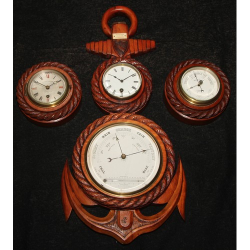 1826 - A late Victorian/Edwardian wall hanging combination aneroid barometer and timepiece, of maritime int... 