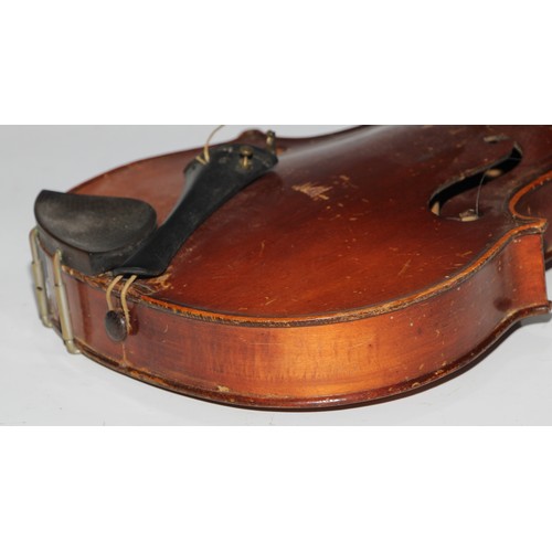 1311 - A violin, the two piece back 35.75cm long excluding button, paper label printed Dulcis et Fortis, ro... 