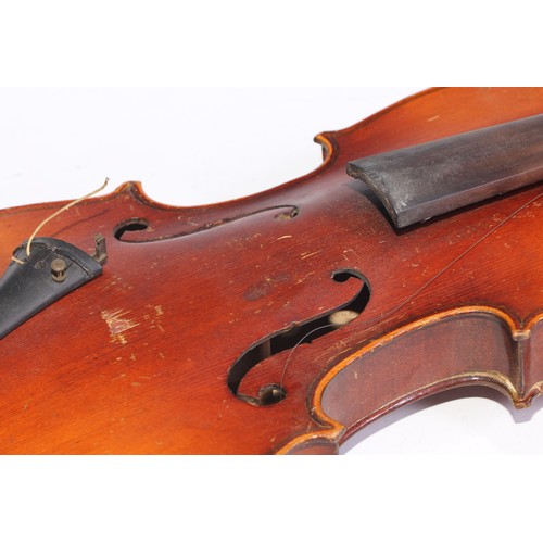 1311 - A violin, the two piece back 35.75cm long excluding button, paper label printed Dulcis et Fortis, ro... 