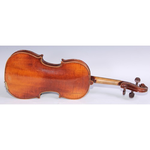 1311 - A violin, the two piece back 35.75cm long excluding button, paper label printed Dulcis et Fortis, ro... 