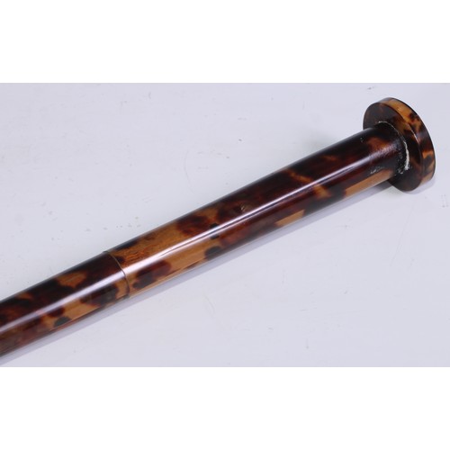 1344 - An early 20th century tortoiseshell walking cane, the circular pommel inlaid in mother of pearl with... 