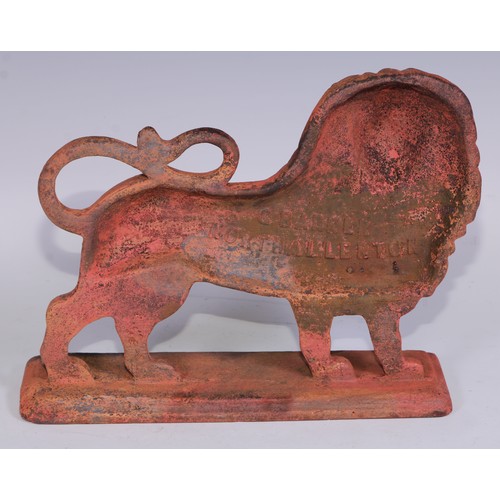 1389 - A 19th century cast iron door stop, by G Barker, Northallerton [Yorkshire], as a lion, 30cm long, c.... 