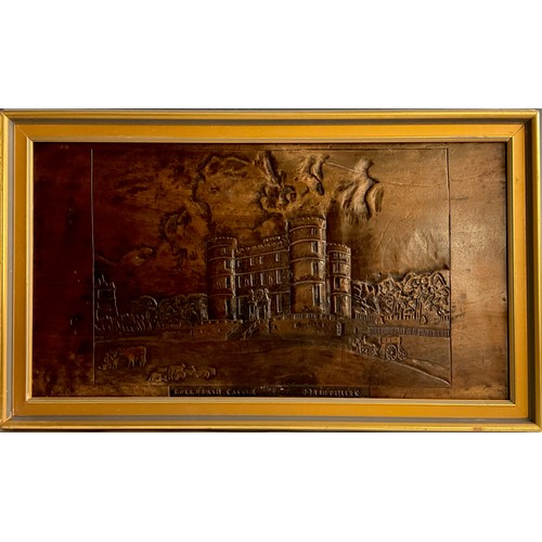 1393 - A 19th century folk art carved panel, in shallow relief with a named view of Lullworth Castle, Dorse... 